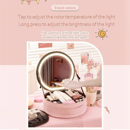 Makeup & Toiletry Bags, Round Smart LED Makeup Bag With Mirror Lights