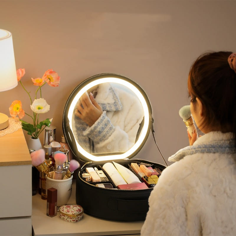 Makeup & Toiletry Bags, Round Smart LED Makeup Bag With Mirror Lights