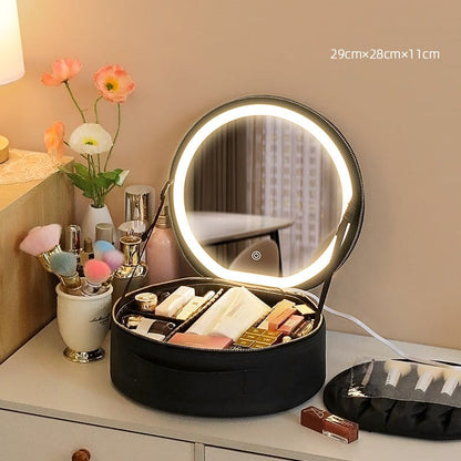 Makeup & Toiletry Bags, Round Smart LED Makeup Bag With Mirror Lights